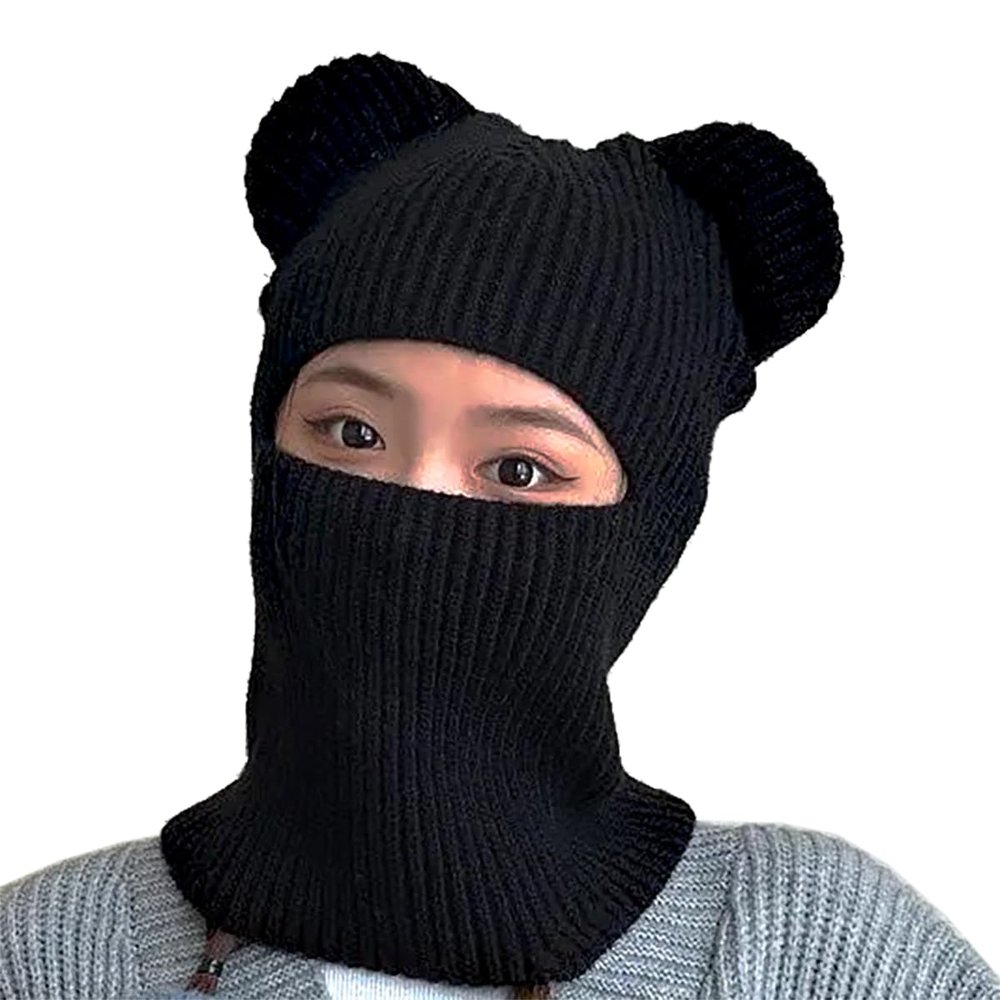 Balaclava for Women Knitted Full Face Mask Neck Warmer Motorcycle Riding Female Hat Snowboarding Lovely Little Bear Ears Black