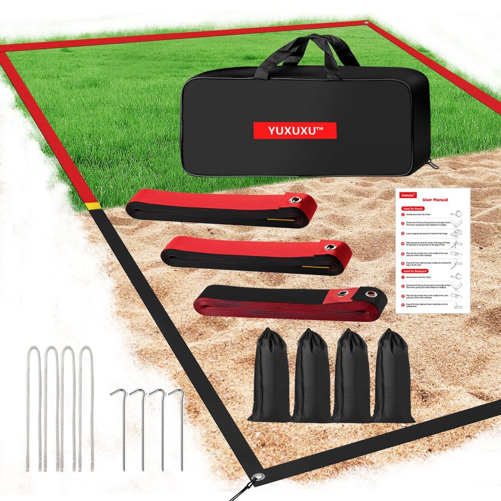 YUXUXU Professional Beach Volleyball Lines for Sand 30'X60'-2 Inch, Highly Visible, All-Weather, with Stainless Anchors & Sand Bags - Official Court, Black and Red