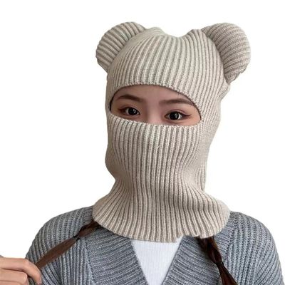 Balaclava for Women Knitted Full Face Mask Neck Warmer Motorcycle Riding Female Hat Snowboarding Lovely Little Bear Ears Beige