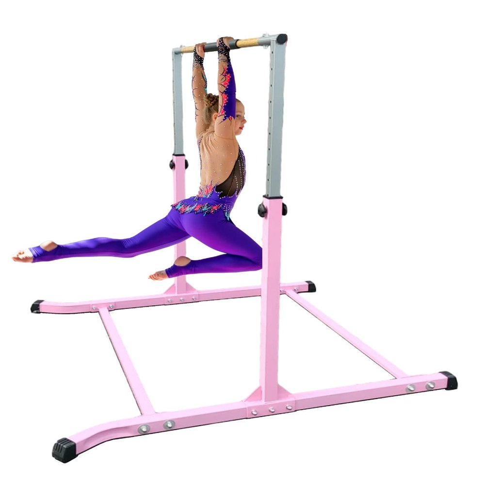 Athletic Bar Expandable Gymnastics Bars, Adjustable Height 3 to 5 FT Gymnastic Horizontal Bars Junior Training Bar for Children with Heavy Duty Curved Legs for Kids (Pink)