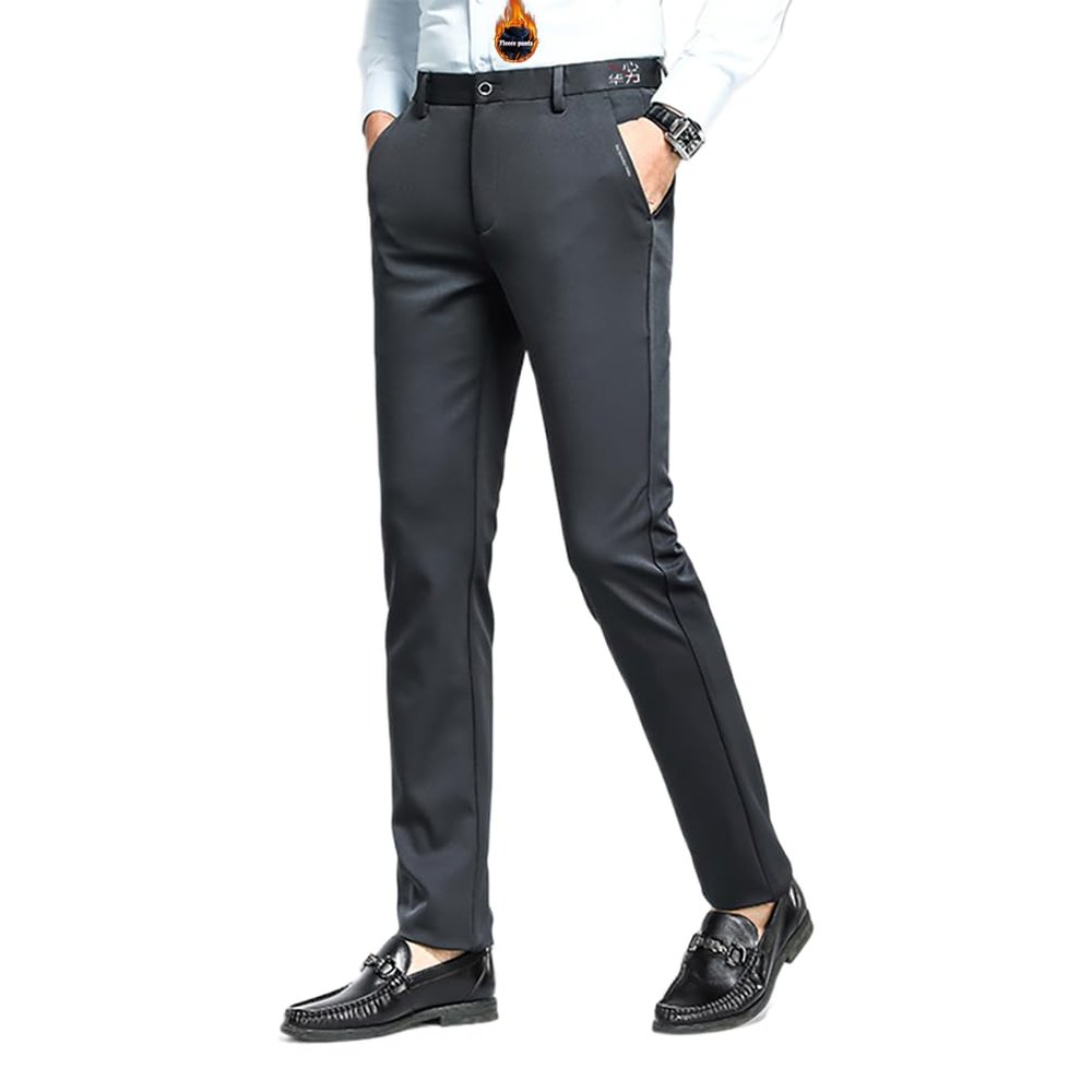  Fleece Lined Dress Pants Men New Slim Fit Cut Flat-Front Trousers (30, Fleece-Lined Grey)