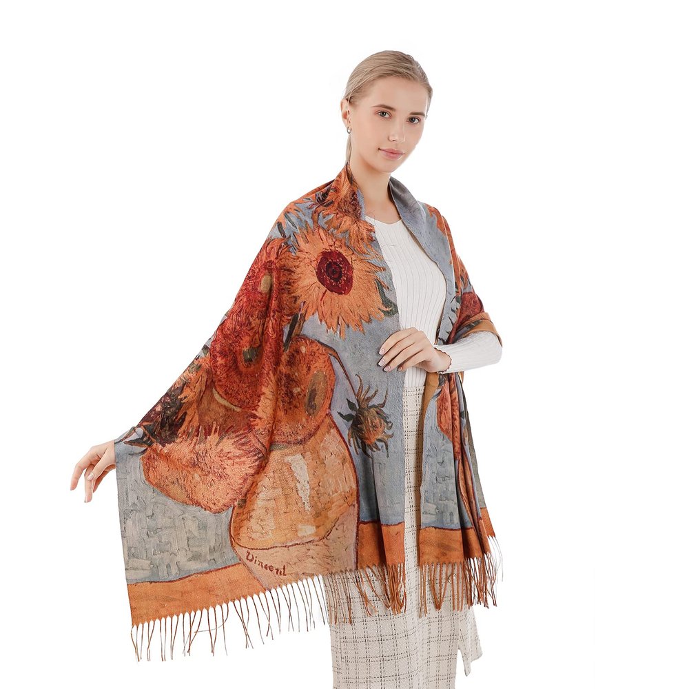 Cutewing Pashmina Scarf Wrap Long Shawls,Van Gogh Sunflower Scarf Cashmere Feel,Fashion Oil Printed Tassel Scarves Large Soft Shawl Wraps for Women Fall Winter