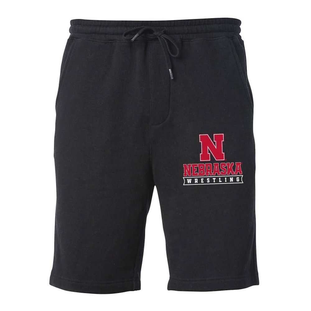 CornBorn Nebraska Shorts - Husker Premium Fleece Nebraska Wrestling - Black - Large