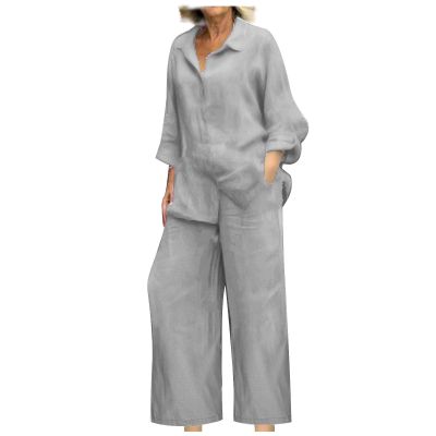 Two Piece Outfits Women Oversized Sweatshirt Cottom Linen Shirts Wide Leg Pants Sweatsuits Fall Clothes 2023 Lounge Set