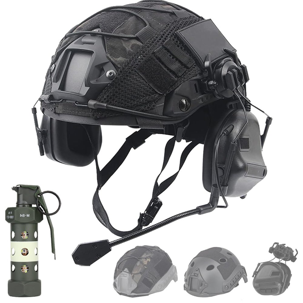 SIANKO Paintball Airsoft Fast PJ Helmet Set,with Tactical Headset Helmet Cover Dummy Flashbang Model Light,for Hunting CQB Cs Military Games (Black/L)