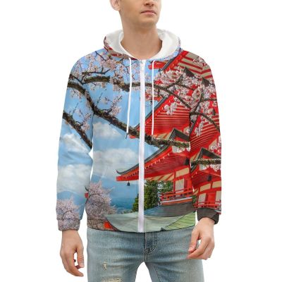 Cherry Blossom Mount Fuji Men's Zip Up Hoodie Lightweight Soft Hooded Sweatshirts Casual Jacket Coat XL