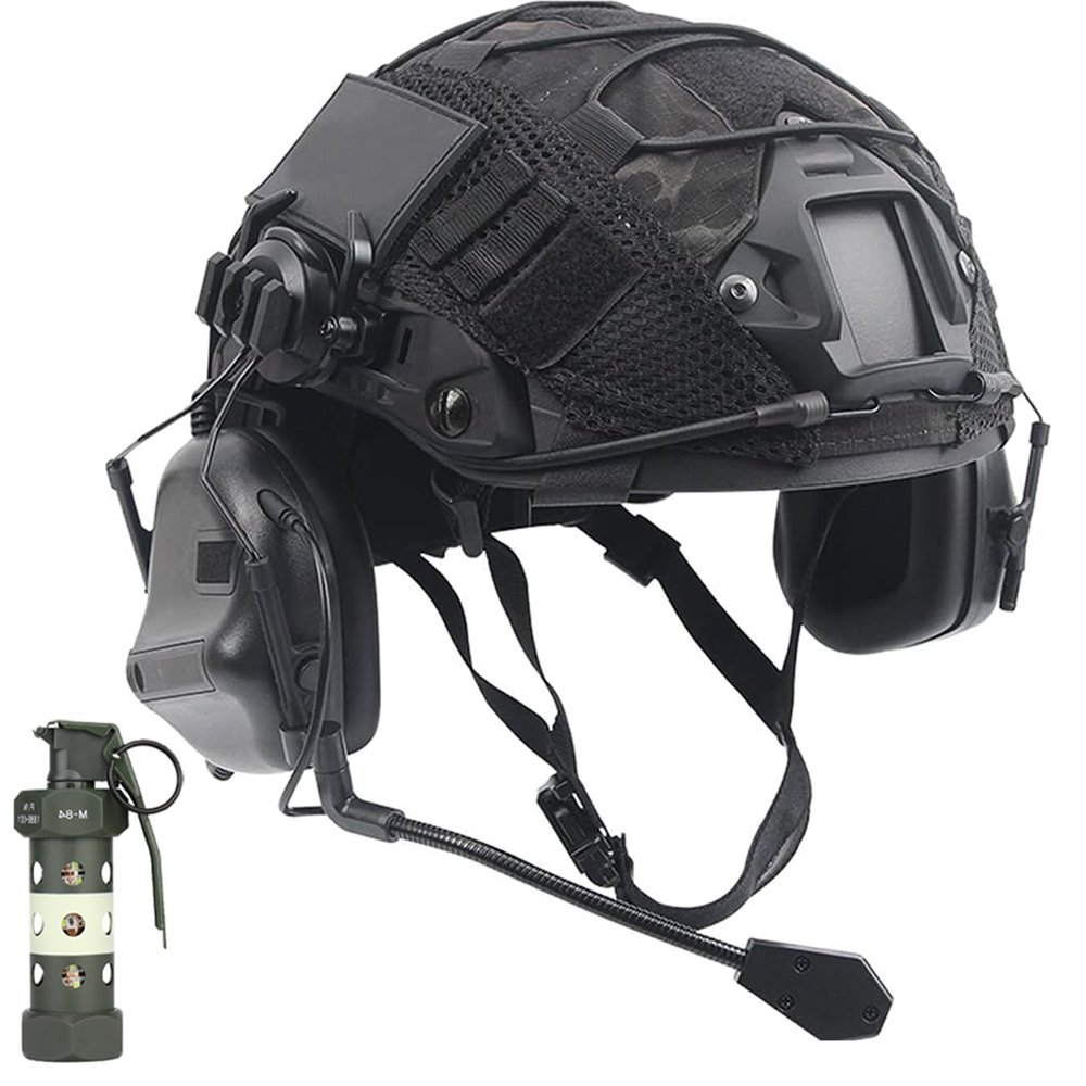 Fast PJ Tactical Helmet Set for Paintball Airsoft Hunting CQB Cs Military Games,with Tactical Headset Helmet Cover Dummy Flashbang Model Light (Black/L)