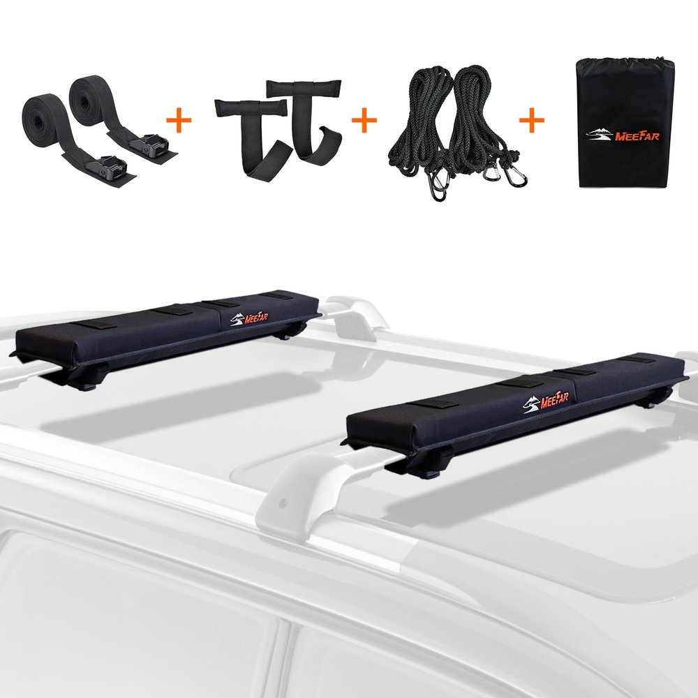 Universal Car Soft Roof Rack Pads Luggage Carrier System for Kayak Surfboard SUP Canoe Include 2 Heavy Duty Tie Down Straps, 2 Tie Down Rope, 2 Quick Loop Strap (Use with Cross Bar)