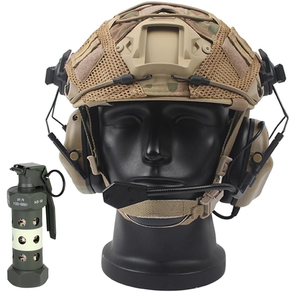 Tactical Military Paintball Airsoft Fast PJ Helmet Set,with Tactical Headset Helmet Cover Dummy Flashbang Model Light, for Hunting Shooting CQB Cs Games (Tan/M)
