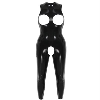 Fldy Womens Patent Leather Bodysuit Zipper Catsuit Clubwear Mock Neck Full Body Suit Costume Black Medium