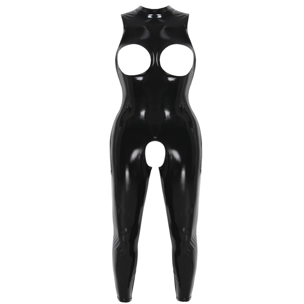 Fldy Womens Patent Leather Bodysuit Zipper Catsuit Clubwear Mock Neck Full Body Suit Costume Black Medium