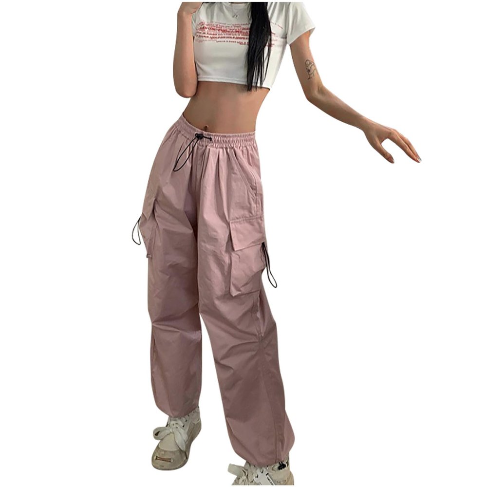 Women Cargo Pants Parachute Drawstring Elastic Waist Sweatpants Baggy Y2k Teen Girls Pants Loose Trousers with Pocket Pink