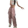 Women Cargo Pants Parachute Drawstring Elastic Waist Sweatpants Baggy Y2k Teen Girls Pants Loose Trousers with Pocket Pink view 1
