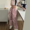 Women Cargo Pants Parachute Drawstring Elastic Waist Sweatpants Baggy Y2k Teen Girls Pants Loose Trousers with Pocket Pink view 2