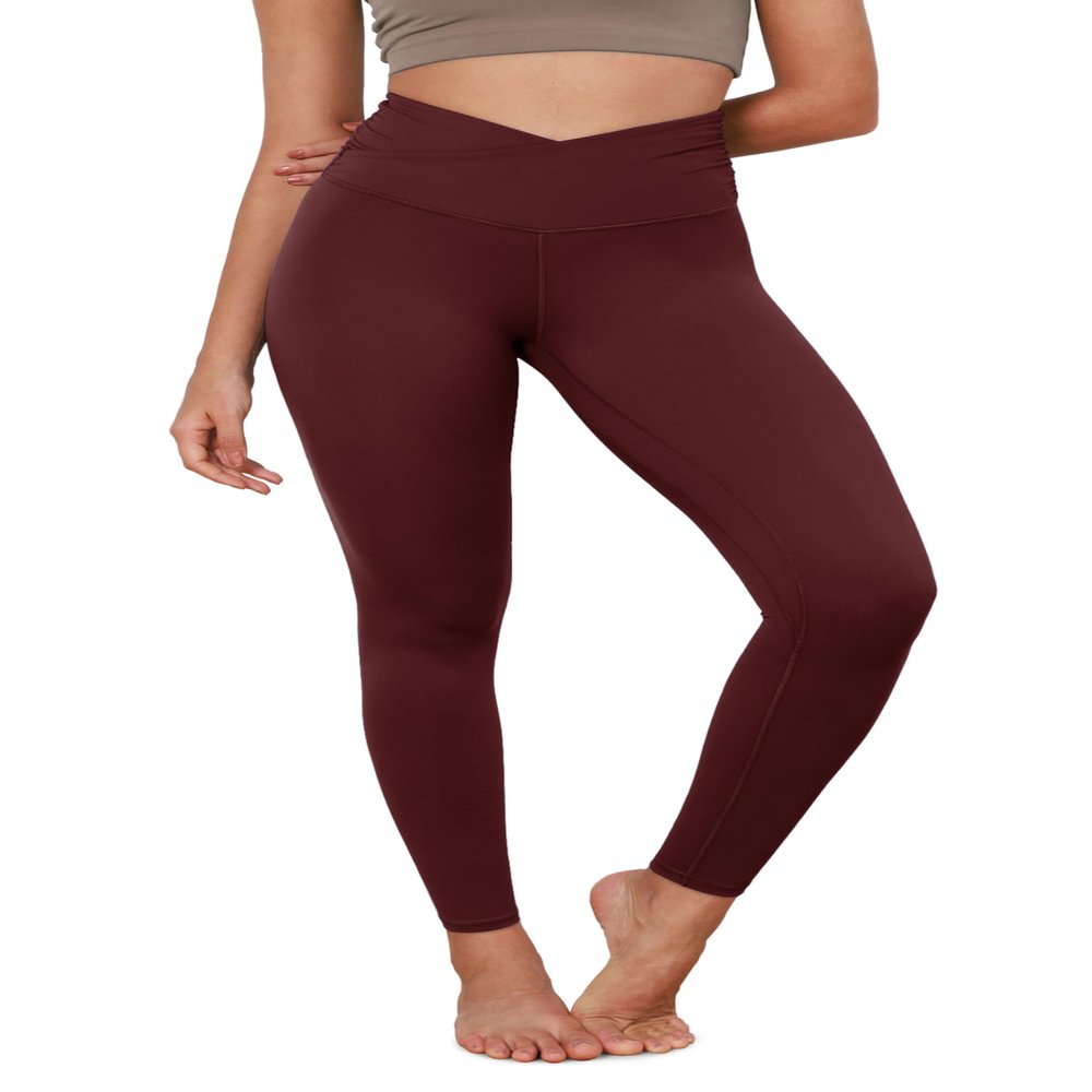 ODODOS Women's Cross Waist Full Length Yoga Leggings with Inner Pocket, Inseam 28" Gathered Crossover Workout Yoga Pants, Burgundy, Small