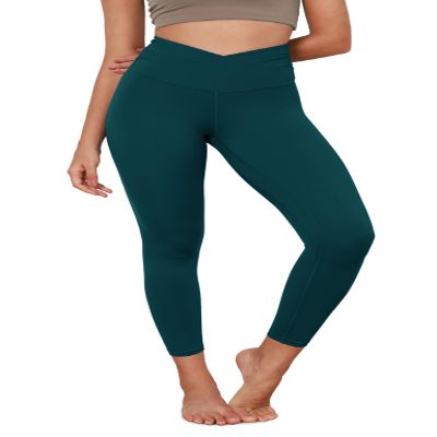 ODODOS Women's Cross Waist 7/8 Yoga Leggings with Inner Pocket, Inseam 25" Gathered Crossover Workout Yoga Pants, Forest Teal, X-Small