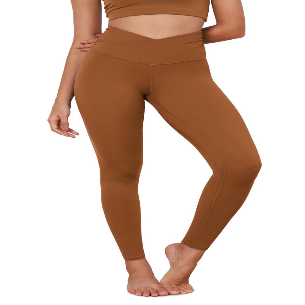 ODODOS Women's Cross Waist Full Length Yoga Leggings with Inner Pocket, Inseam 28" Gathered Crossover Workout Yoga Pants, Caramel, Small