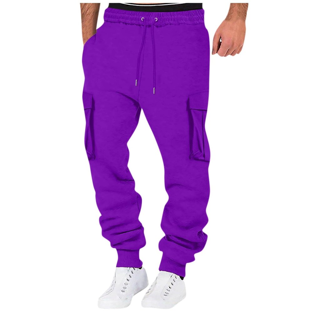 XUETON Mens Outdoor Cargo Pants with Pockets Lightweight Tactical Pant Hiking Jogger Casual Athletic Sports Pants Drawstring Elastic Waist Jogging Running Training Track Sweat Pants Trousers Purple