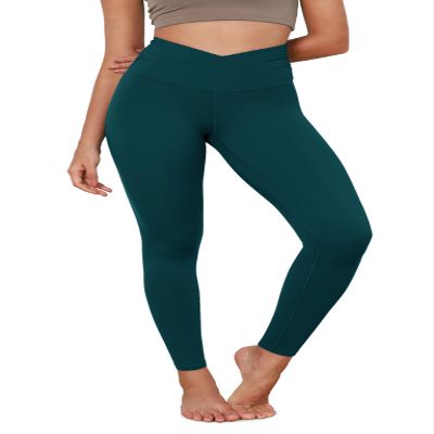 ODODOS Women's Cross Waist Full Length Yoga Leggings with Inner Pocket, Inseam 28" Gathered Crossover Workout Yoga Pants, Forest Teal, Medium