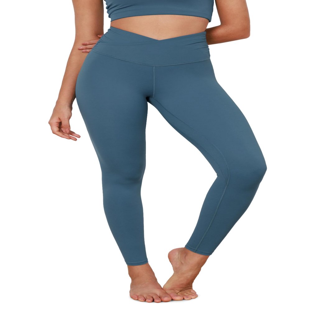 ODODOS Women's Cross Waist Full Length Yoga Leggings with Inner Pocket, Inseam 28" Gathered Crossover Workout Yoga Pants, Ink Blue, X-Small