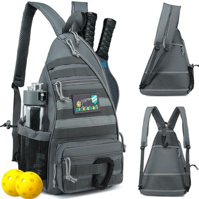 SunForMorning Pickleball Bag, Tactical Pickleball Backpack for Women Men, Adjustable Sling Bag with Fence Hook Water Bottle (Includes 2 Patches+1Carabiner), Grey
