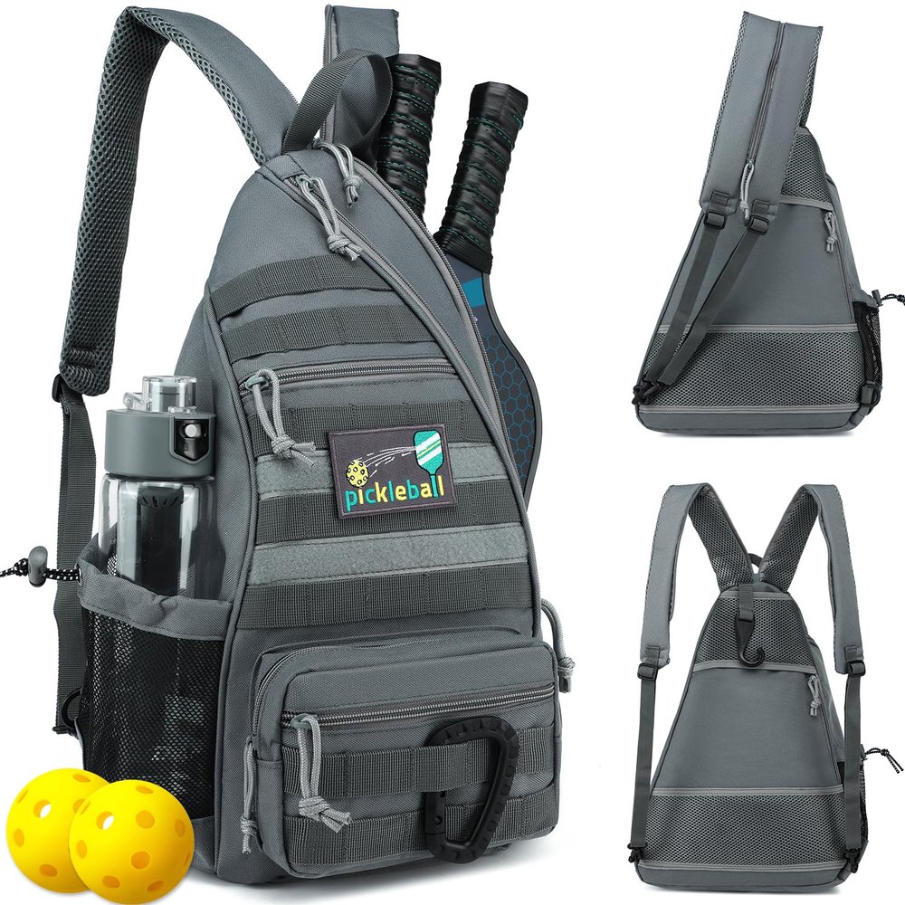 SunForMorning Pickleball Bag, Tactical Pickleball Backpack for Women Men, Adjustable Sling Bag with Fence Hook Water Bottle (Includes 2 Patches+1Carabiner), Grey