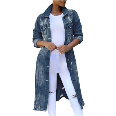 BORAMAX Women's Fashion Ripped Holes Maxi Long Denim Jacket Trench Coat Retro Blue Jackets Lapel Button Oversized Trench Coat