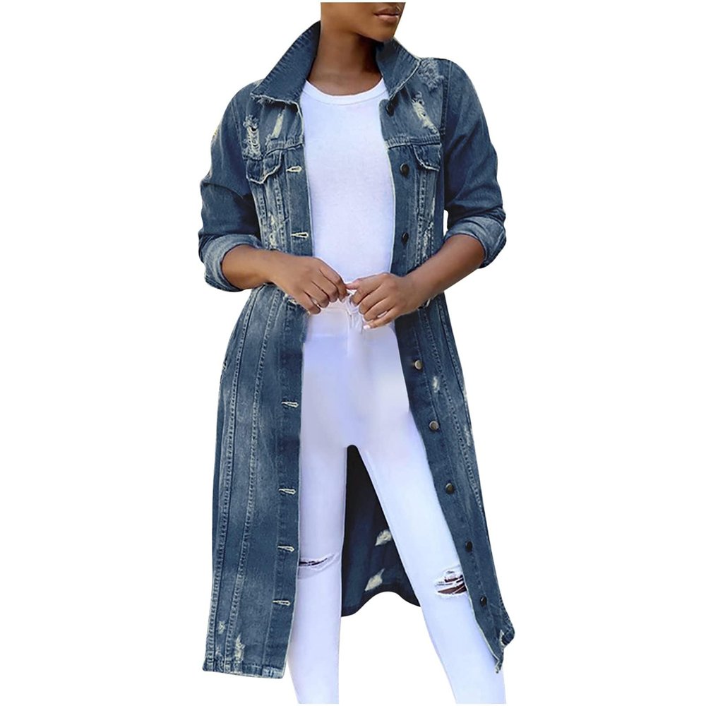 BORAMAX Women's Fashion Ripped Holes Maxi Long Denim Jacket Trench Coat Retro Blue Jackets Lapel Button Oversized Trench Coat