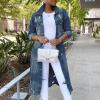 BORAMAX Women's Fashion Ripped Holes Maxi Long Denim Jacket Trench Coat Retro Blue Jackets Lapel Button Oversized Trench Coat view 2