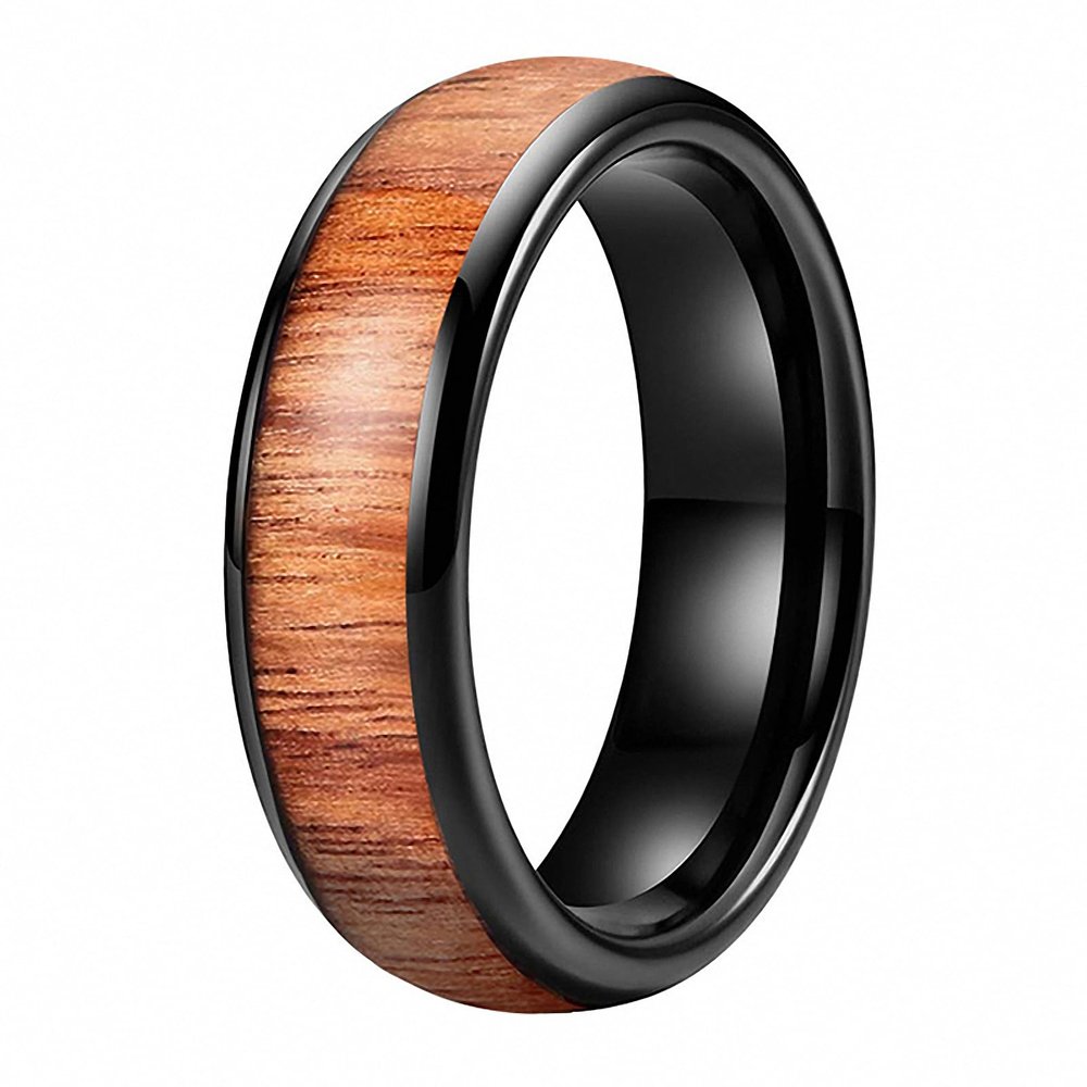 6 mm Black Wedding Band for Men Women Tungsten Carbide Ring with Nature Wood Inlay Comfort Fit