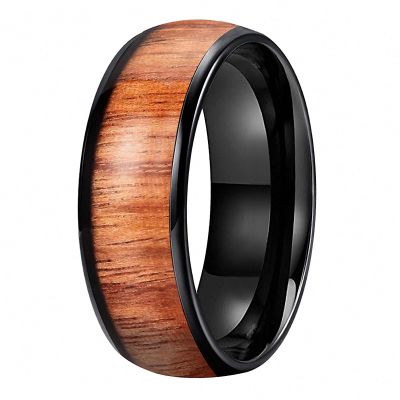 8 mm Black Men Tungsten Carbide Rings Domed Wood Inlay Comfort Fit Wedding Band Polish Finish