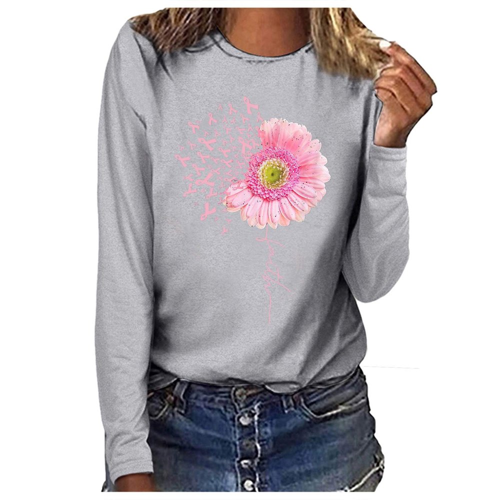 Breast Cancer Awareness Shirts for Women 2023 Pink Ribbon Graphic Tee Long Sleeve Casual Pullover Crewneck Sweatshirt Womens Clothing Fall and Winter Silver 2X