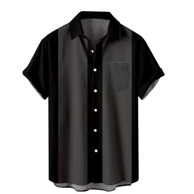 Men's Short Sleeve Button Down Vintage Bowling Shirts Hawaiian Casual Printed Beach Shirt Summer Regular Fit Top F-Black