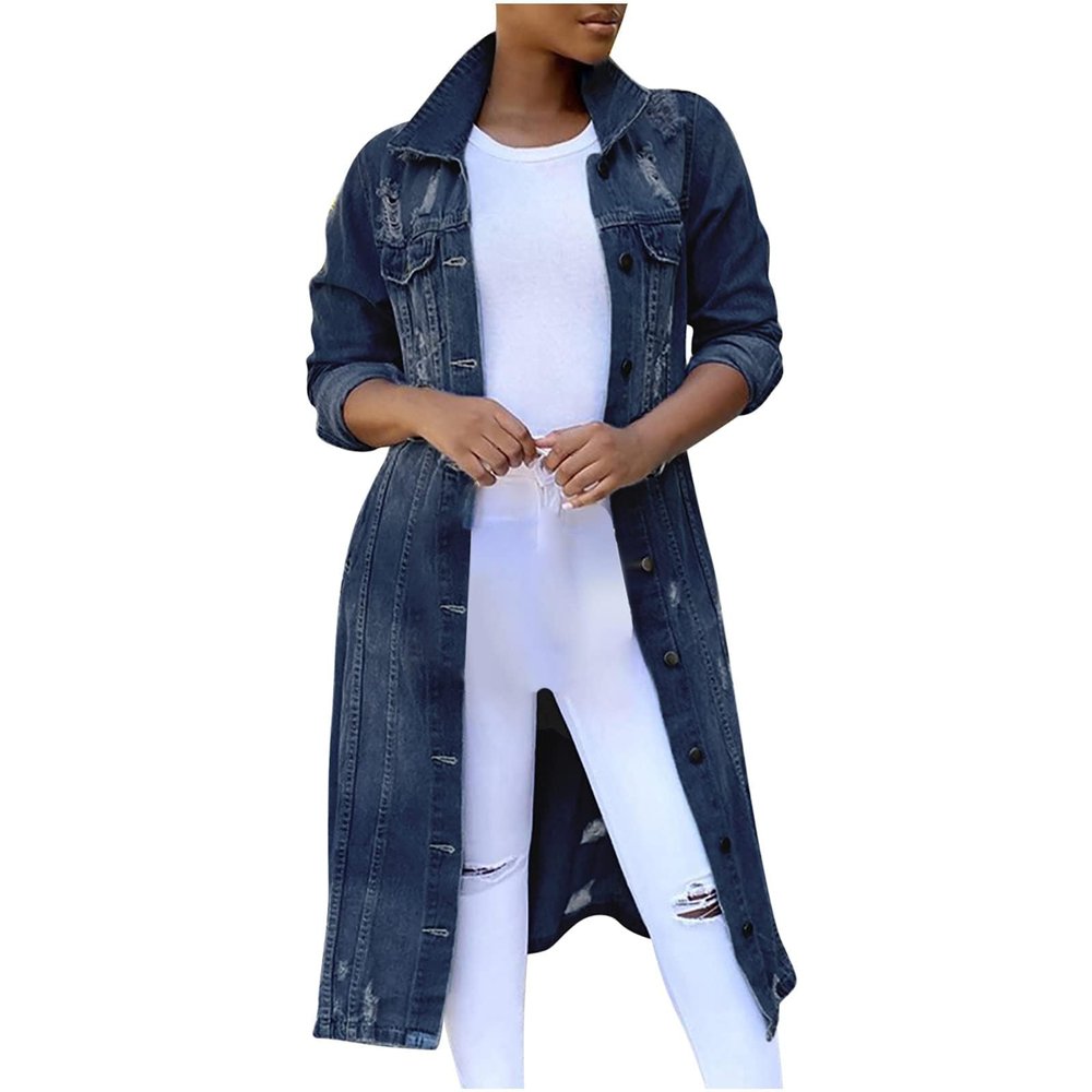 BORAMAX Women's Fashion Ripped Holes Maxi Long Denim Jacket Trench Coat Retro Blue Jackets Lapel Button Oversized Trench Coat