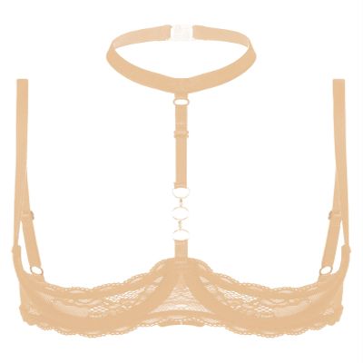 Lejafay Women See Through Lace 1/4 Cups Balconette Bustier Brassiere Padded Underwire Shelf Bra Tops Nude X-Large