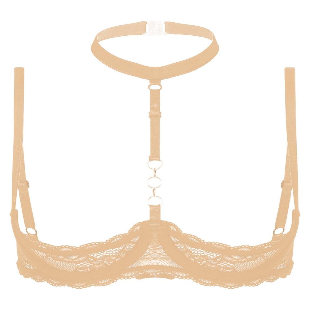 Lejafay Women See Through Lace 1/4 Cups Balconette Bustier Brassiere Padded Underwire Shelf Bra Tops Nude X-Large