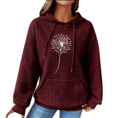 Basysin Oversized Sweatshirt for Women Fall Hoodies Dandelion Daisy Printed Hooded Sweatshirt Casual Pullover with Pockets 01-Wine