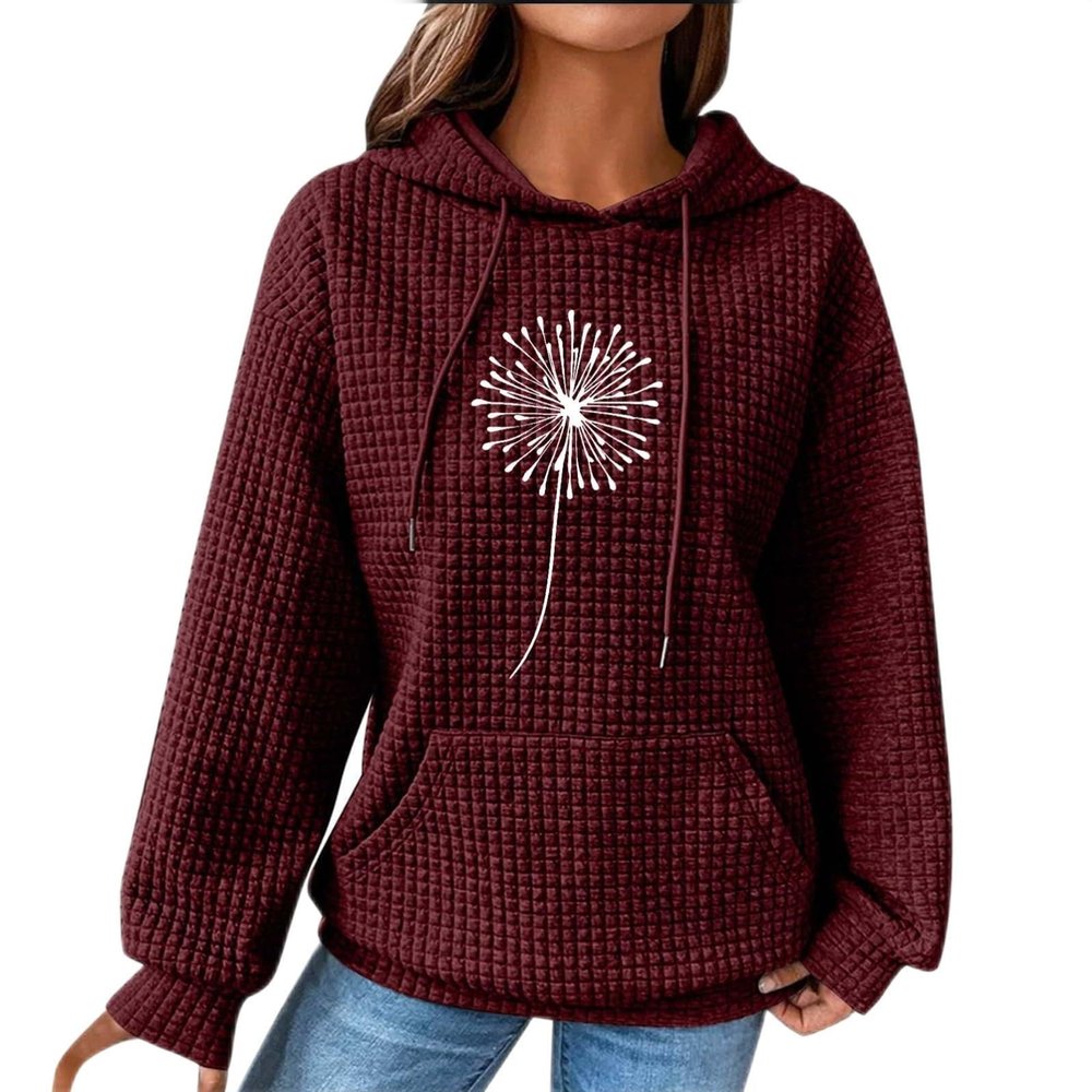 Basysin Oversized Sweatshirt for Women Fall Hoodies Dandelion Daisy Printed Hooded Sweatshirt Casual Pullover with Pockets 01-Wine