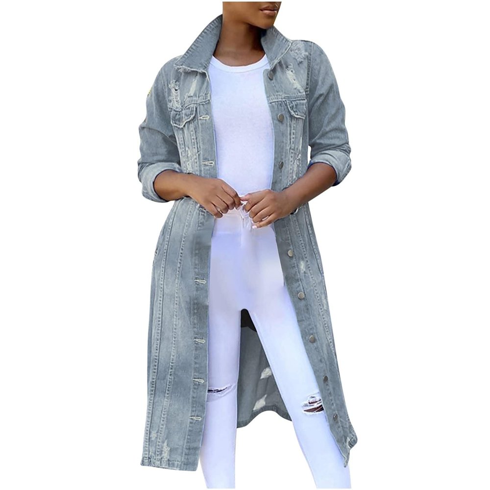 BORAMAX Women's Fashion Ripped Holes Maxi Long Denim Jacket Trench Coat Retro Blue Jackets Lapel Button Oversized Trench Coat