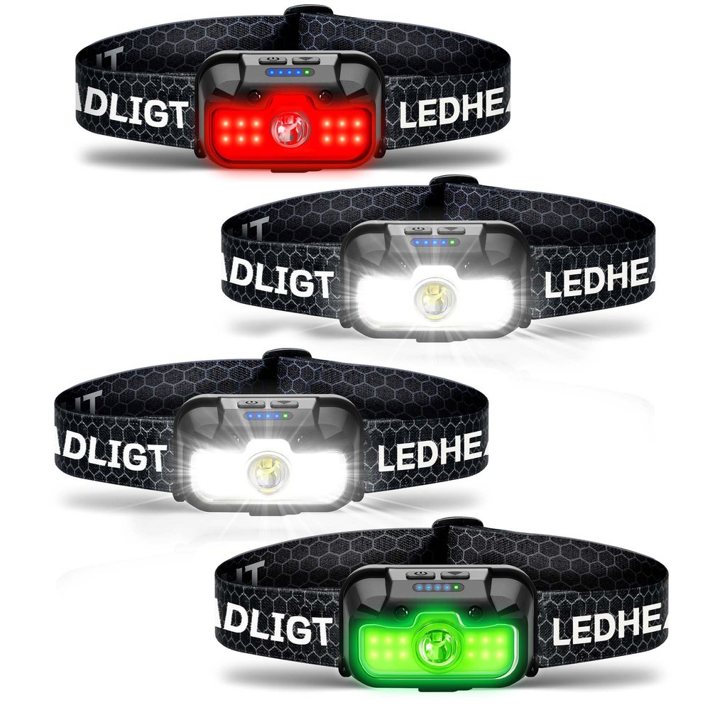 HOKOILN 4-Pack LED Headlamp Rechargeable with Green & Red Light -1300 Lumen Ultra-Bright Flashlight Headlight for Camping, Running, Hiking, Fishing - Waterproof with 7 Modes