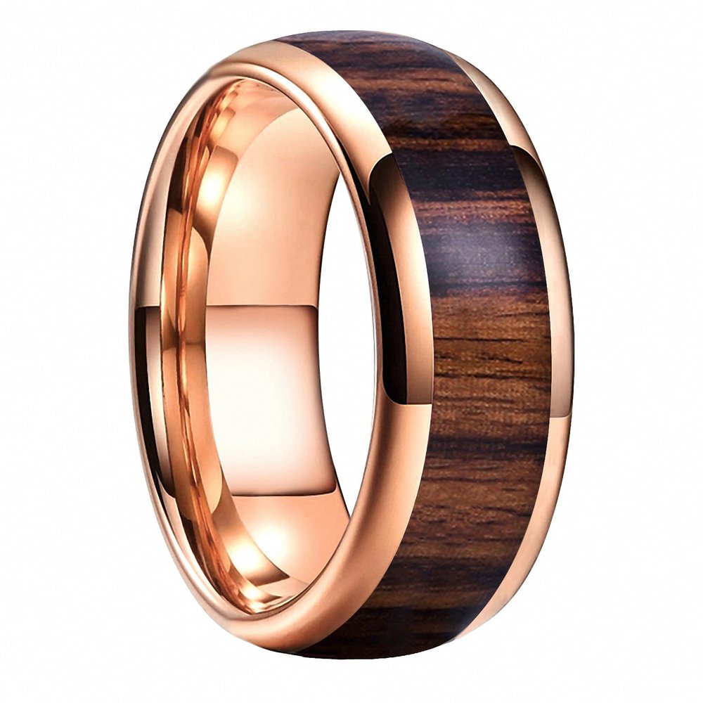 8 mm Men Rose Gold Bands Tungsten Carbide Ring Nature Dark Red Wood Inlay Comfort Fit Wedding Rings