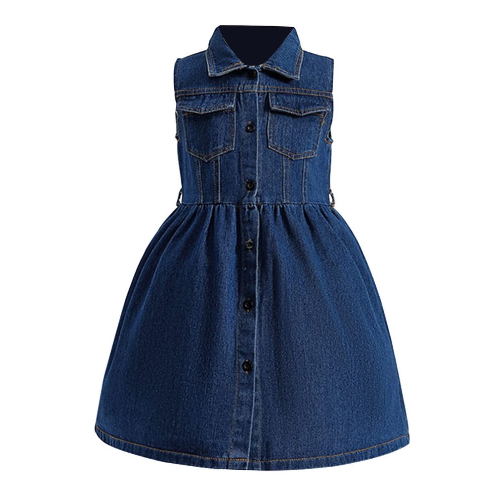 Ikevan Kids Toddler Casual Outfits Baby Girls Spring Summer Solid Sleeveless Jeans Princess Dress for 5 to 10 Years Girls (Z-Blue, 5-6 Years)