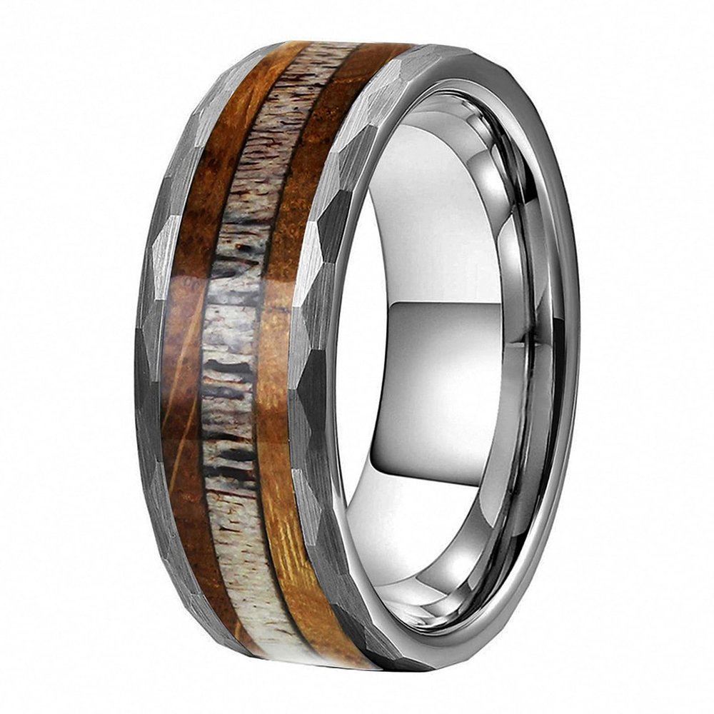 8 mm Hammered Men Women Tungsten Ring Deer Antler Inlay Oak Wood Inlays Brushed Finish Comfort Fit