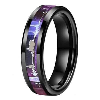 6 mm Tungsten Carbide Ring Black with Electrocardiographic Wave Inlay Colorful with Beleved Edges Comfort Fit