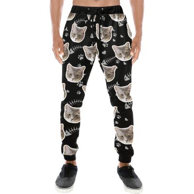 Custom Mens Sweatpants with Pet Face Photo for Dog Dad Cat Owner, Personalized Sports Pants Jogger Trousers for Men