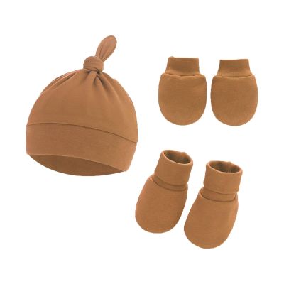 Baby Hats Mittens and Socks Set Unisex Cotton eanie Cap and Scratch Mitten Non-Slip Baby Ankle Socks (Brown, One Size)