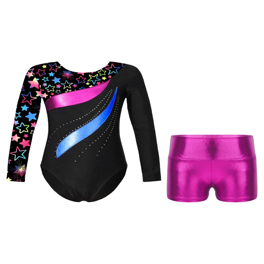 Hedmy Gymnastics Leotards for Girl Sparkly Dancewear Activewear Big Girls' Classic Long Sleeve Leotard Unitard Star Black 12 Years