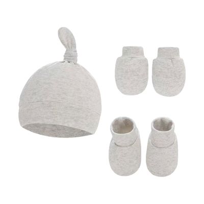 Baby Hats Mittens and Socks Set Unisex Cotton eanie Cap and Scratch Mitten Non-Slip Baby Ankle Socks (Grey, One Size)