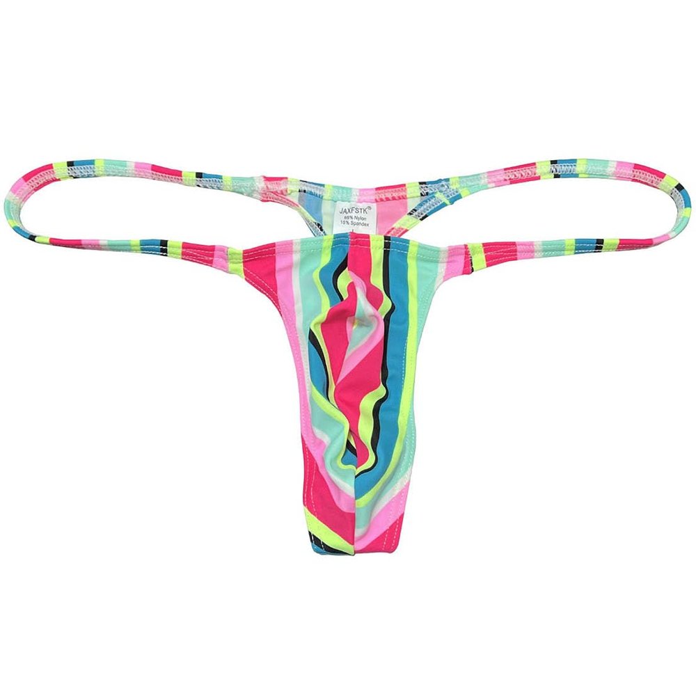 OROCOJUCO Men Posing Thong G-string Underwear Narrow Pouch T-back Minimal Coverage Tangas Bikini Swimwear Green Rainbow Stripe XL