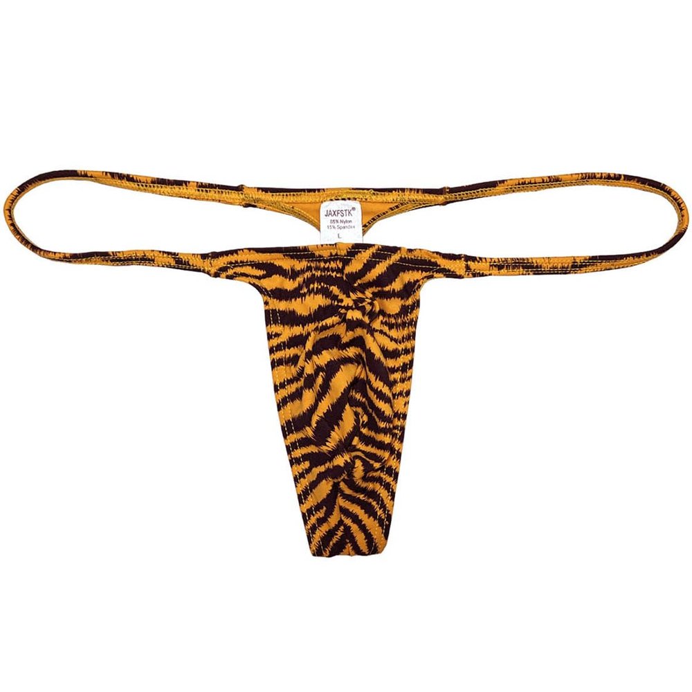 OROCOJUCO Men Posing Thong G-string Underwear Narrow Pouch T-back Minimal Coverage Tangas Bikini Swimwear Orange Tiger Stripe XL